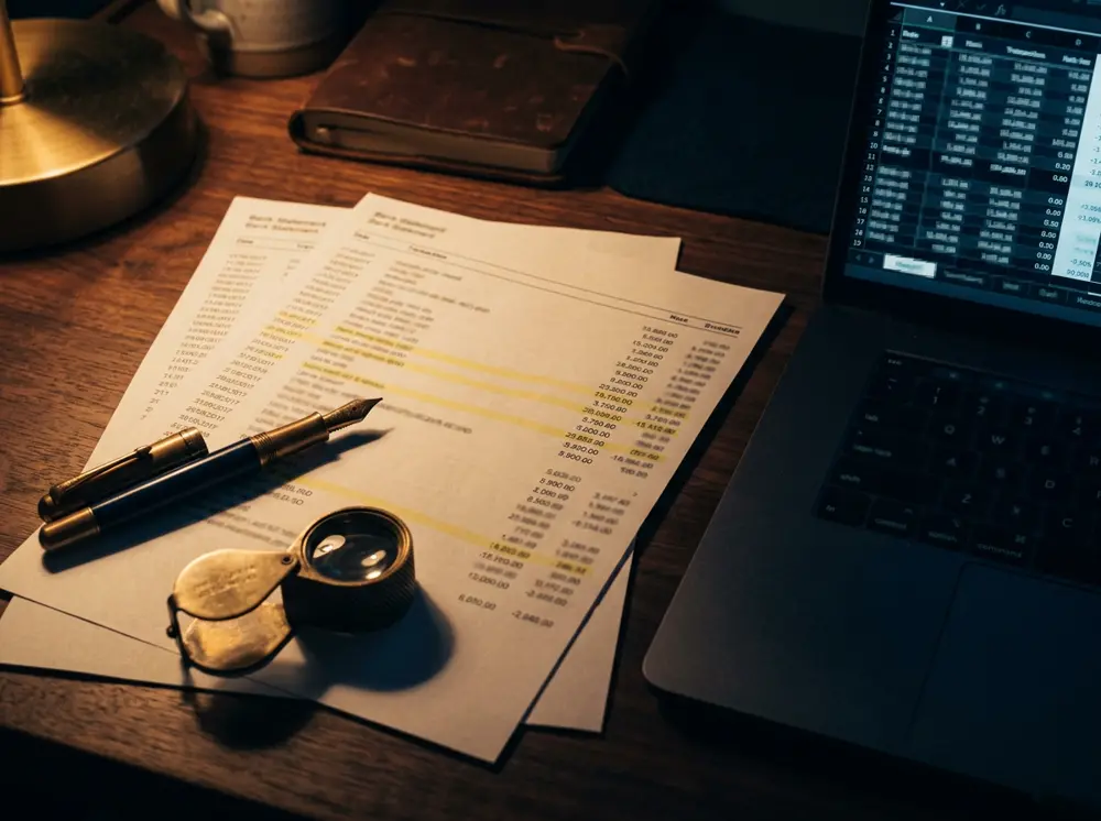 Bank statements with highlighted transactions beside a loupe and laptop