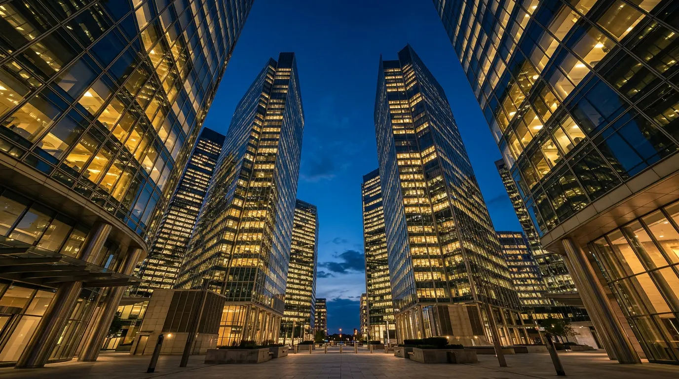 Glass office towers in a financial district at dusk